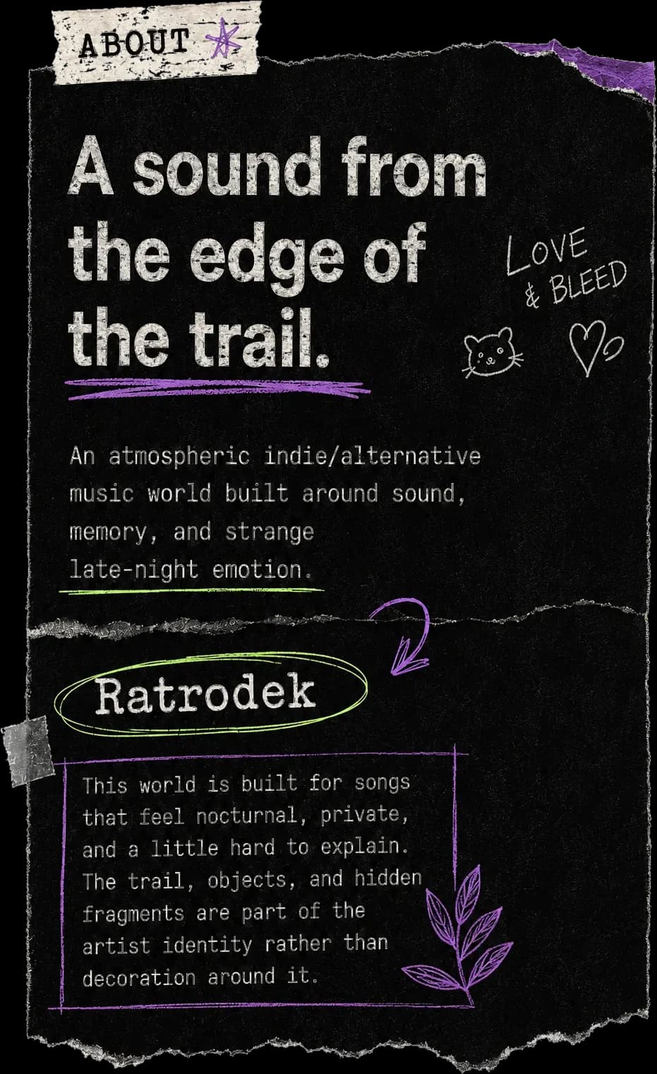 About Ratrodek — A sound from the edge of the trail. An atmospheric indie/alternative music world built around sound, memory, and strange late-night emotion.