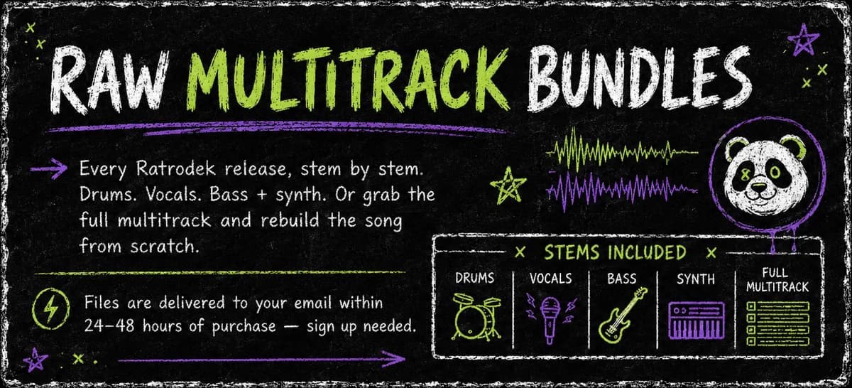 Raw multitrack bundles — every Ratrodek release as one Full Multitrack ZIP. Drums, vocals, and bass + synth all included. Files delivered to your email within 24–48 hours of purchase. Sign up needed.